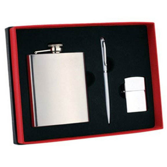 Set with 8oz Stainless Steel Flask, Lighter and Pen Groomsman Gift