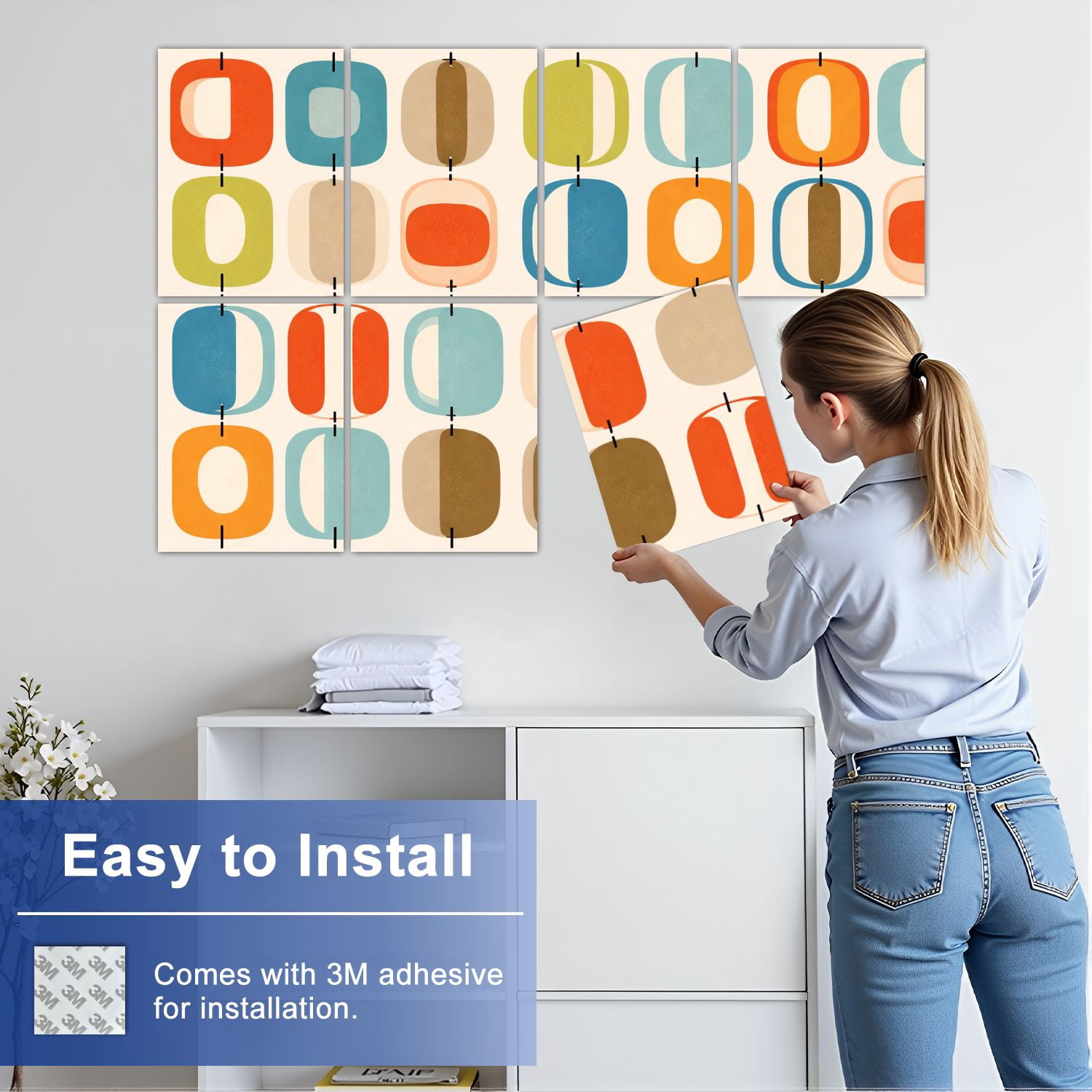 8 Pack Art Acoustic Panels Sound Absorbing mid century style Decorative Soundproof Wall Panels Self Adhesive for Nursery Game Room Bedroom 48"x32"
