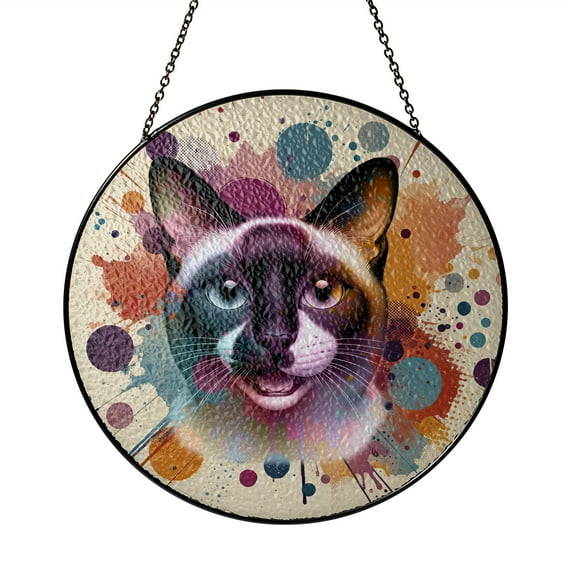 Siamese Portrait Watercolor Vintage Retro Styles Stained Glass Suncatcher Cat Lover Kitten Owner Gifts Window Hanging Sign Decor - 00001