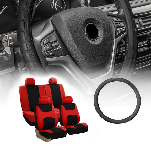 FH Group Light & Breeze Seat Covers Combo Set, Full Seat Set with Leather Steering Wheel Cover, Red Black