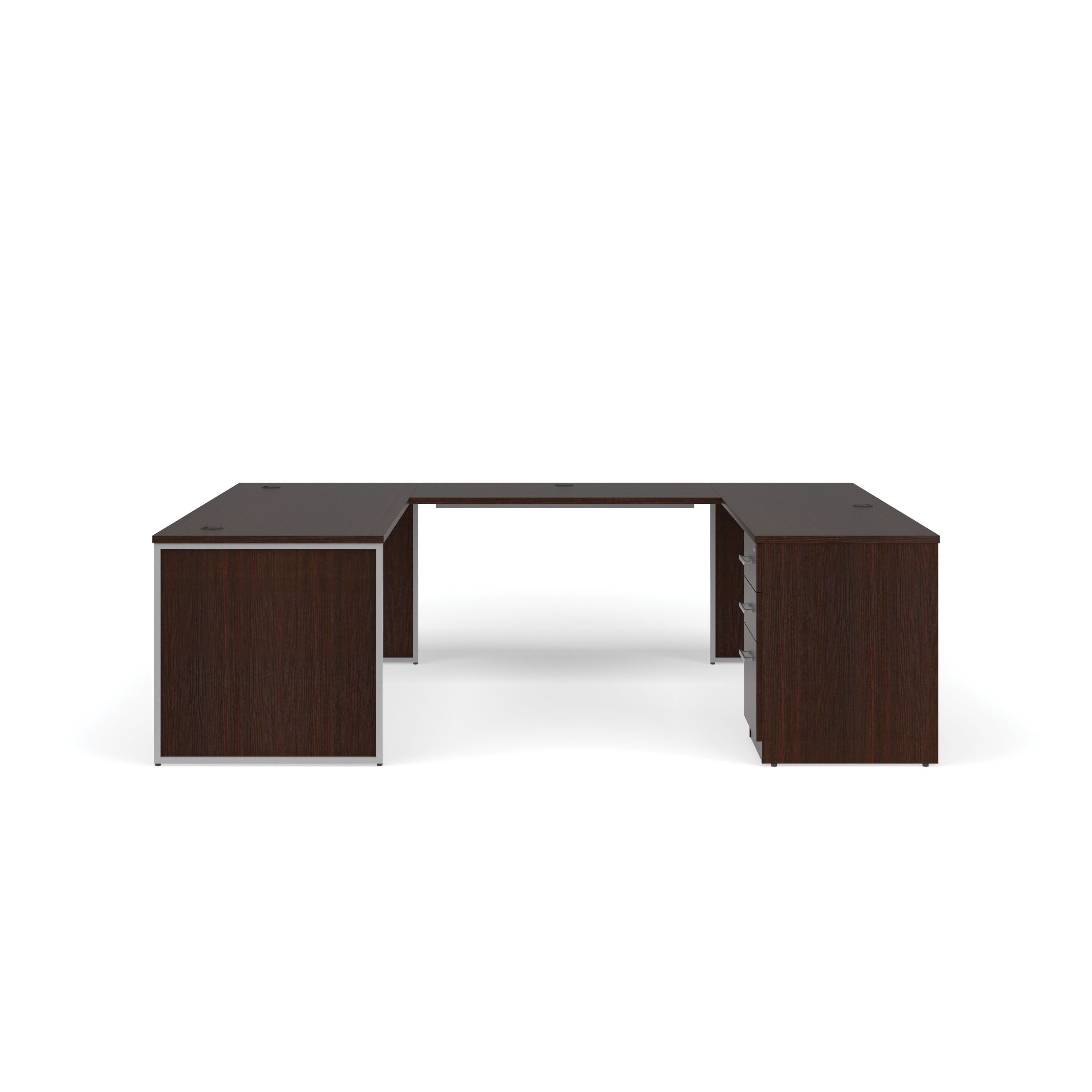 OFM Fulcrum Series Office Furniture Set, 72" U-Shaped Desk with Bridge, Credenza, 3-drawer Filing Cabinet, Leg Panels, in Espresso