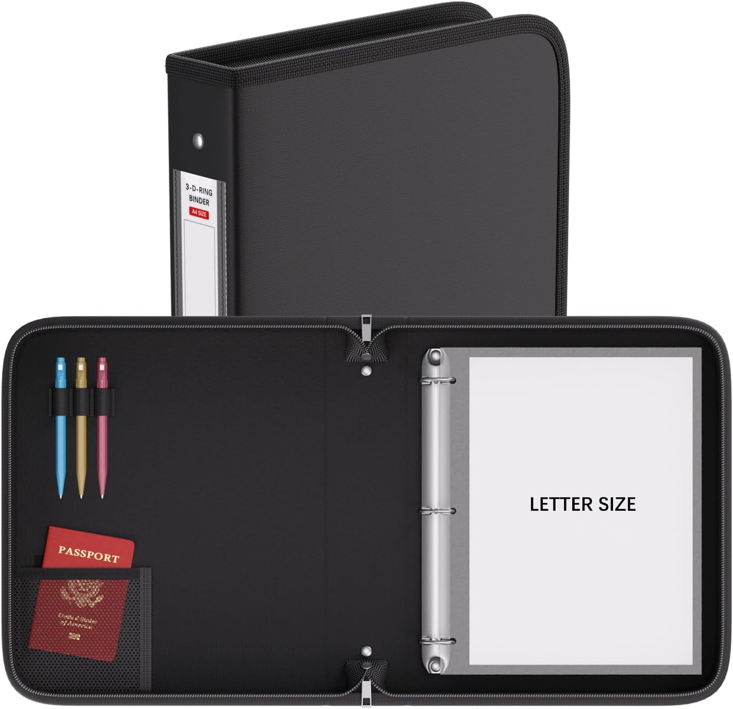 Fireproof 3 Ring Binder with Zipper 1.5 Inch D Rings Hold up 375 Sheets of 8.5" x 11" (A4) Compatible Clear Page Protectors Built-in Net and Pen Holder(Black 1 Pcs)