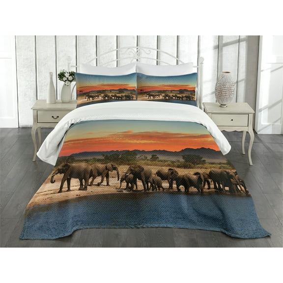 Ambesonne Savannah Quilted Bedspread Set 3 Pcs, Wildlife Animal Herd Dawn, King Size, Pale Blue Orange and Brown