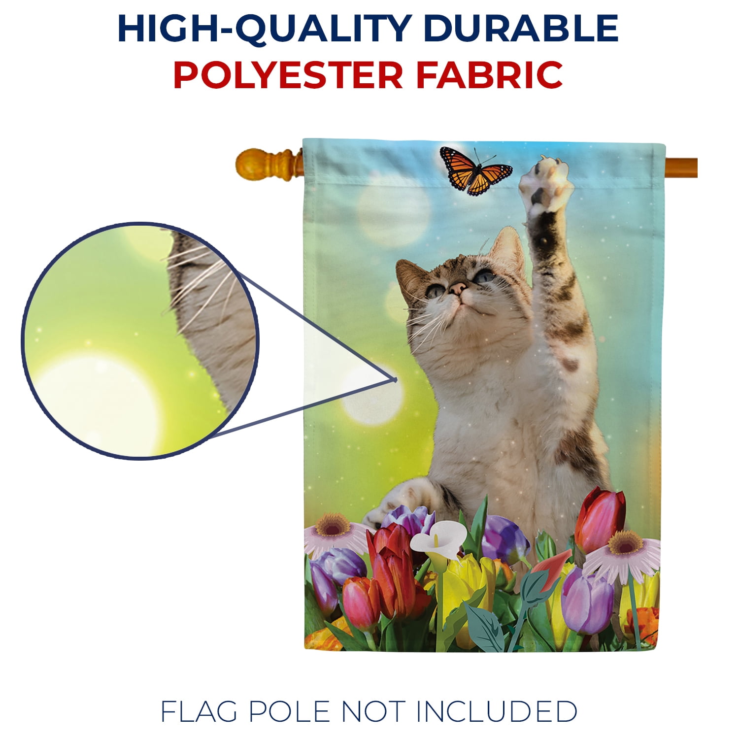 America Forever Spring Kitty House Flag 28 x 40 inches Double Sided Cute Cat, Butterly, Summer Flowers, Daisy, Tulip - Seasonal Yard Lawn Outdoor Decorative Tabby Cat House Flag