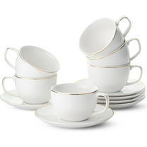 Tea Cups and Saucers with Gold Trim, Set of 6, 6oz, White Porcelain Tea Cups