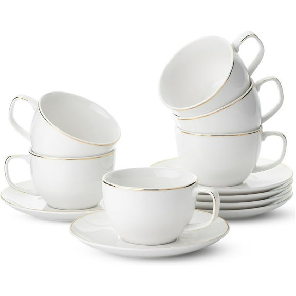 Tea Cups and Saucers with Gold Trim, Set of 6, 6oz, White Porcelain Tea Cups