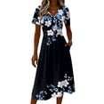 thumbnail image 5 of Women's V Neck Short Sleeve Dress Vintage Floral Print A Line Midi Casual Summer Outfit Flowy Lightweight Party Wear Vacation Going Out Chic Womens Dress Black L, 5 of 6