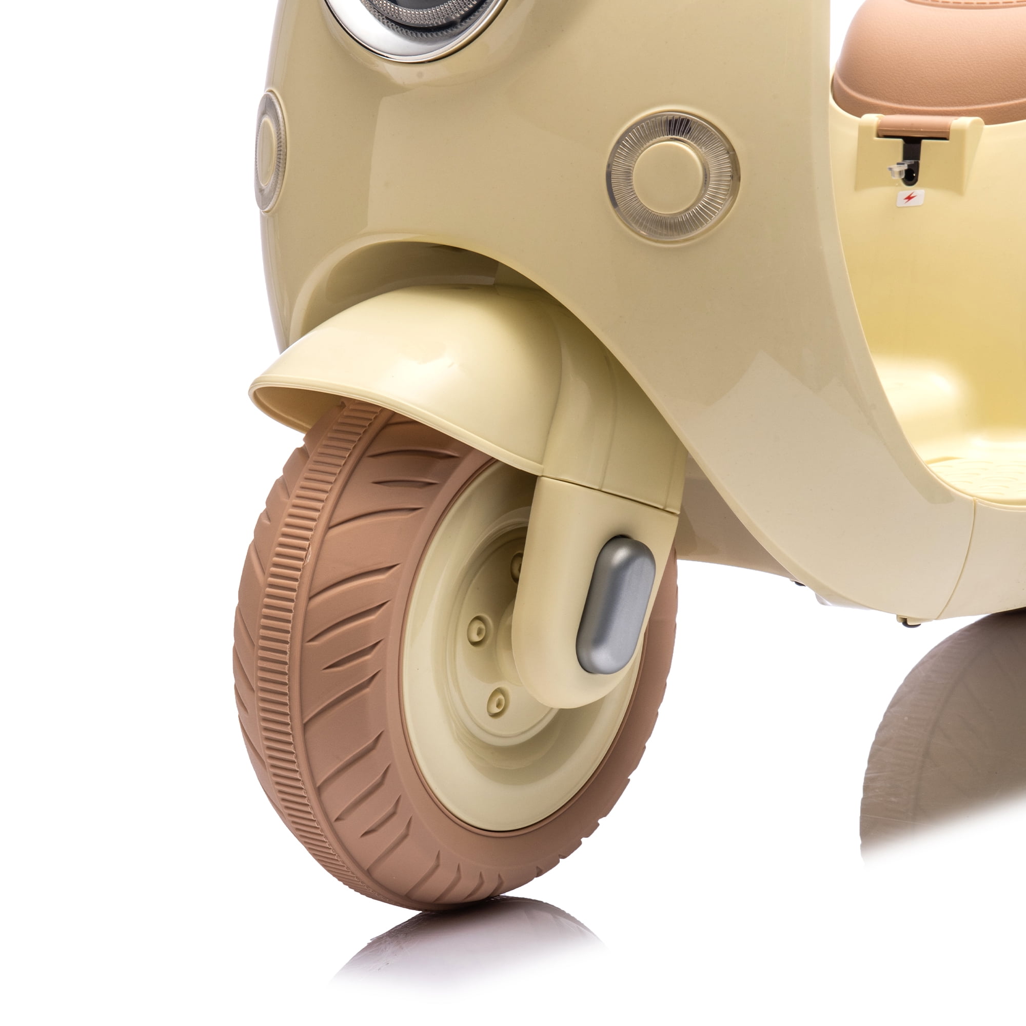 Cirui 2 Seater 12V Kids Motorcycle,3 Wheel Ride Dual Motorcycle,Toy 12V Electric Motorcycle with Front LED Light/USB/Storage Box,Beige