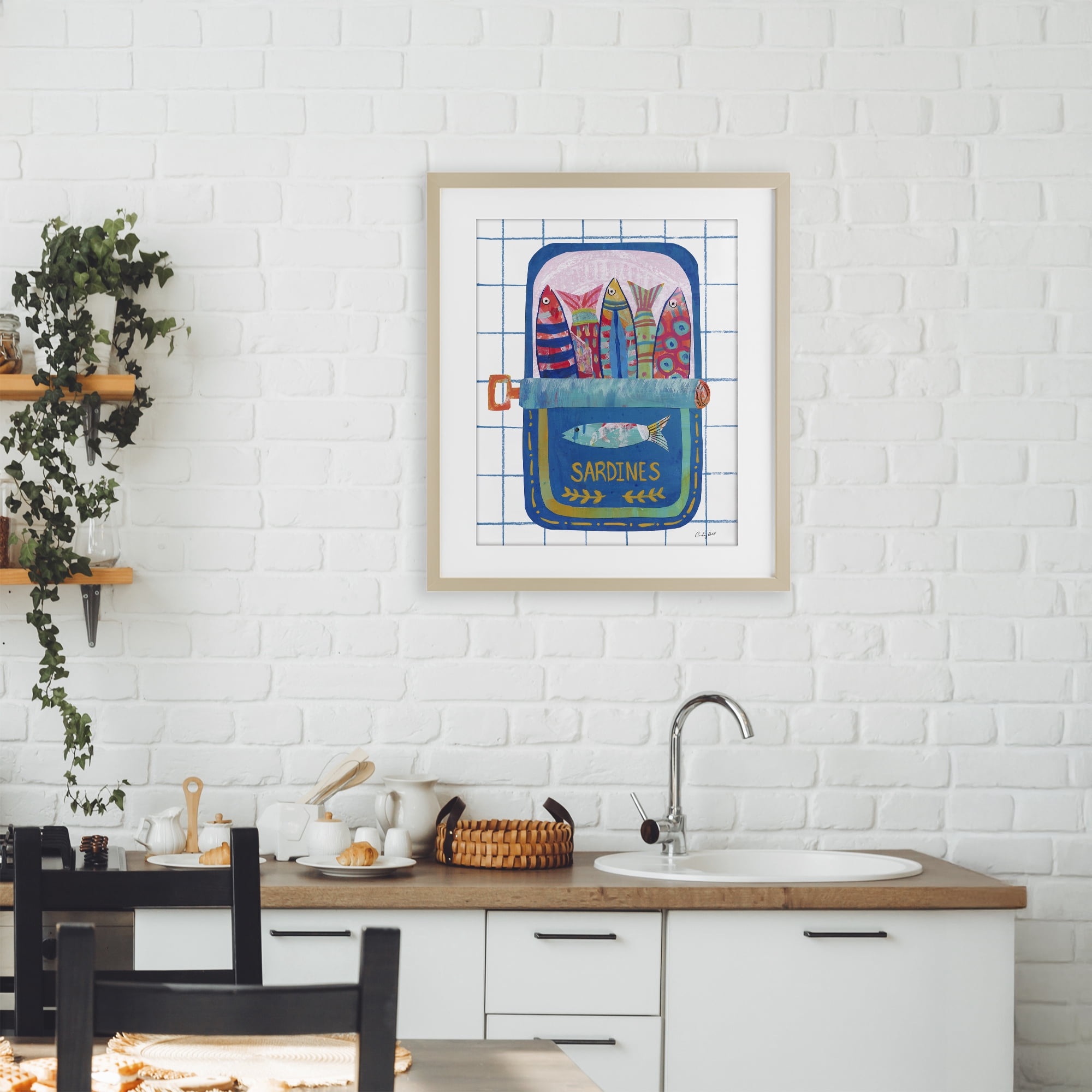 Stupell Industries Silly Sardines Blue Tin Birch Framed Print Under Glass, design by Courtney Prahl