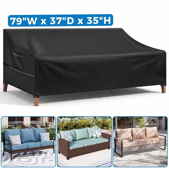YEERSWAG Outdoor Couch Cover Waterproof 79"x37"x35", 3-Seater Patio Sofa Cover, 420D Oxford Fabric with Windproof Windclips Hook & Loop, Weatherproof UV Resistant, Black