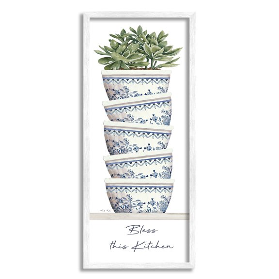 Stupell Industries Bless This Kitchen Stacked Ornate Bowls Succulent Plant Graphic Art White Framed Art Print Wall Art, Design by Cindy Jacobs