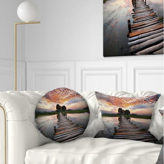 Designart Wooden Bridge under Dramatic Sky - Seashore Throw Pillow - 12x20