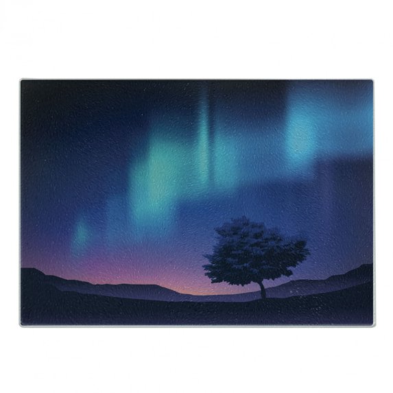 Fantasy Cutting Board, Aurora Borealis with a Tree in Arctic Region Rare Sky up View Print, Decorative Tempered Glass Cutting and Serving Board, Small Size, Blue Purple, by Ambesonne