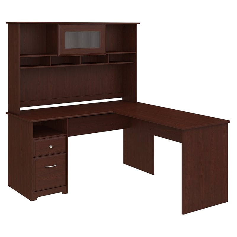 Bush Cabot 60w L Shaped Computer Desk With Hutch And Drawers In Bush Cabot 60w L Shaped Computer Desk With Hutch And Drawers In Harvest Cherry