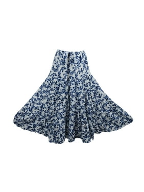 Mogul Women's Long Skirt Blue White Printed Crinkle Summer Maxi Skirts