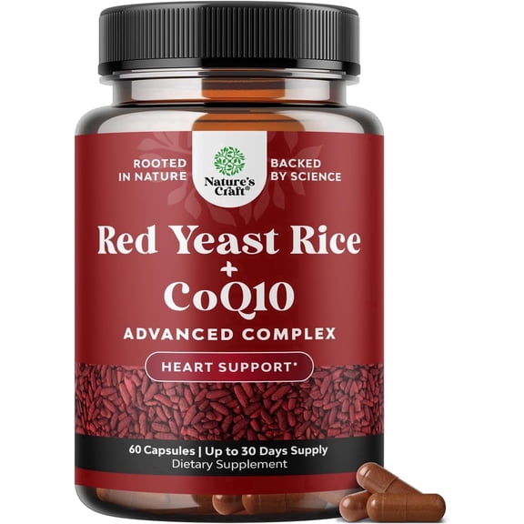 Natures Craft Red Yeast Rice Capsules 1200mg with CoQ10 100mg, Heart Health Supplement, 60 Count