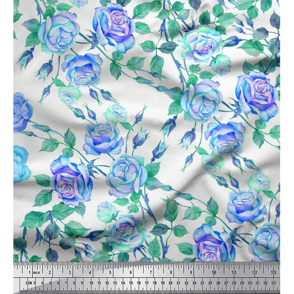 Soimoi Polyester Crepe Fabric Leaves & Rose Flower Printed Fabric 1 Yard 42 Inch Wide
