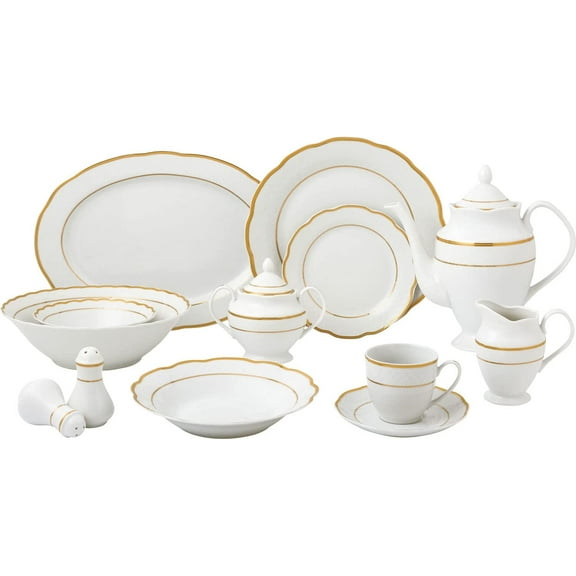 Stylish and Elegant 57 Pieces Porcelain Dinnerware Set Service for 8 People - Home Trends, Gold Border