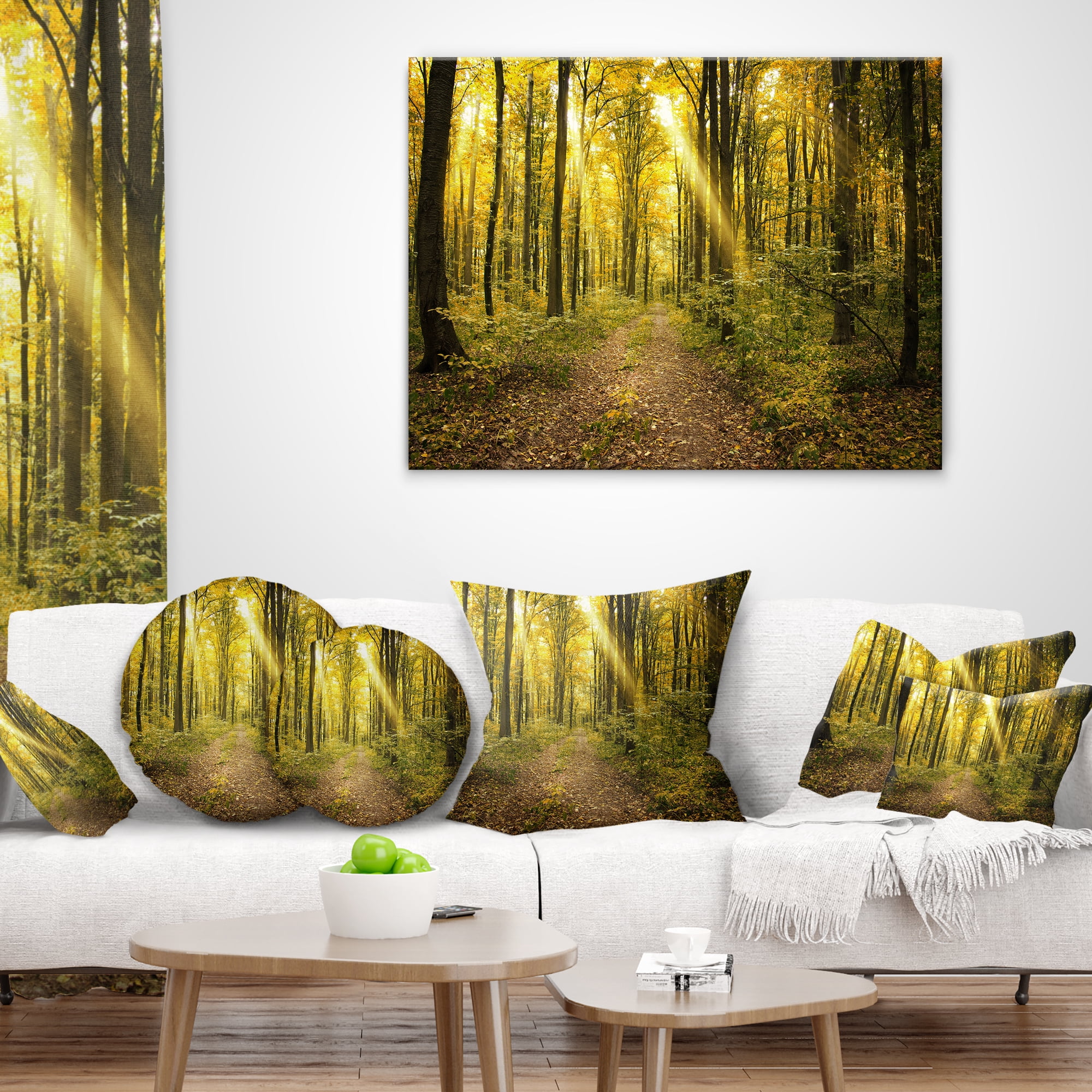 Designart Sunset in Green Autumn Forest - Modern Forest Throw Pillow - 12x20