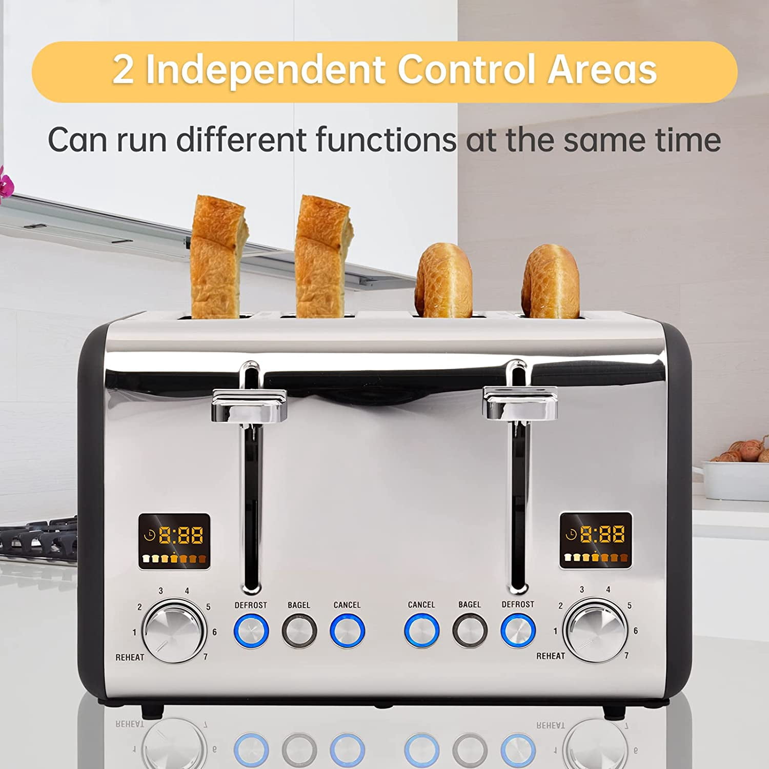 Toaster 4 Slice, Stainless Steel Bread Toaster with 2 Colorful LCD Display, 7 Shade Settings,1800W, Dark Chocolate