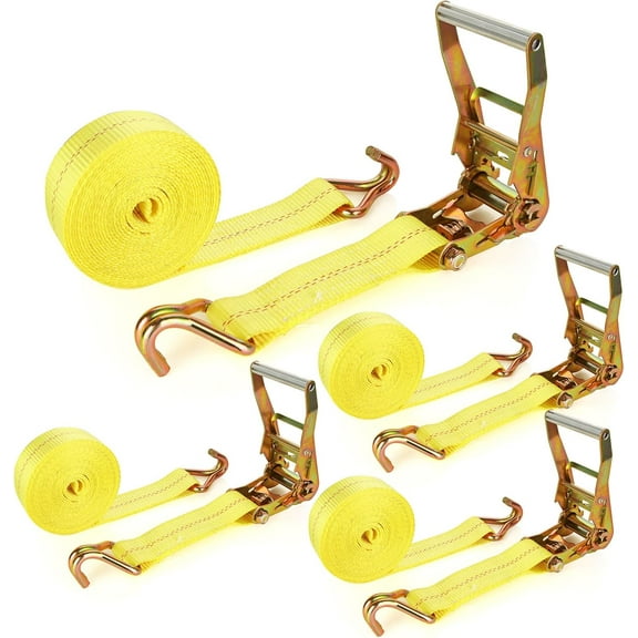 4 Pack 2 Inch Ratchet Straps Heavy Duty 27ft Tie Down Straps Ratchet with Double J Hook, 10000 LBS Break Strength, Cargo Ratchet Strap for Moving, Truck, Trailers, Motorcycles, Kayaks, Car Roof