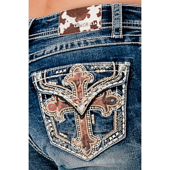 Grace in LA Women's Cross Faux Flap Pocket Embellished Bootcut Stretch Jeans (25, Blue Stonewashed)