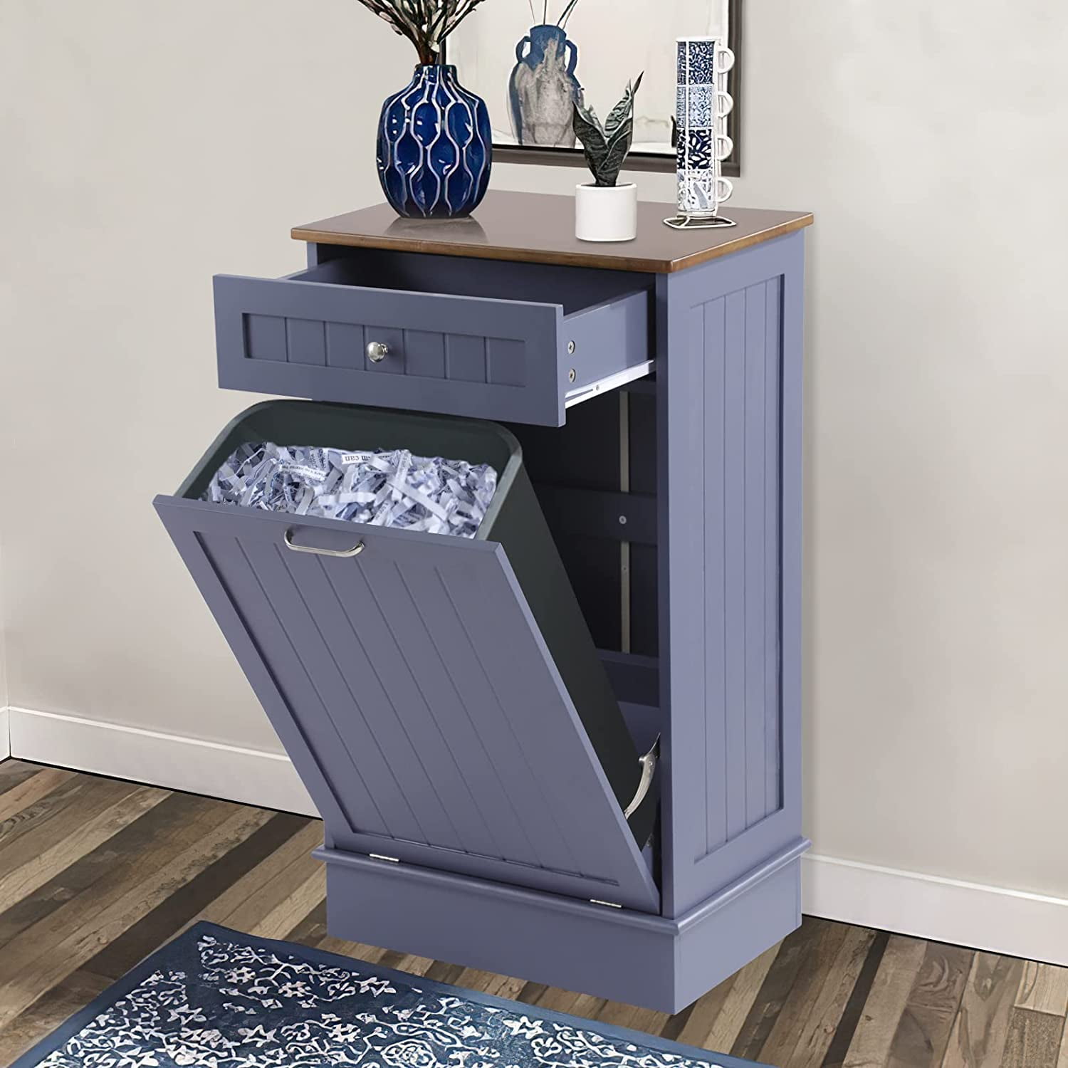 KIGOTY Kitchen Tilt-Out Trash Cabinet, 10 Gallon Pet Proof Wood Trash Cans Blue