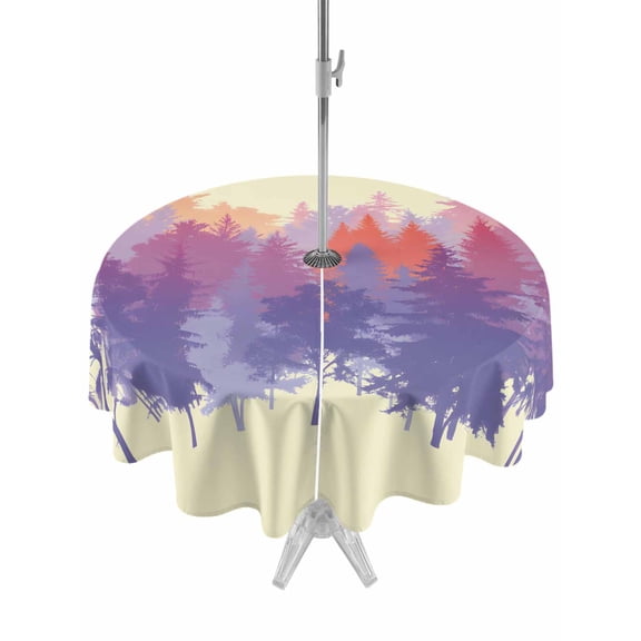 Outdoor Tablecloth with Umbrella Hole for Patio/Picnic/Party/Camping, Watercolor Forest Silhouette Waterproof Table Cloth Round Cover Washable, Retro Abstract Forest Trees Cream (Dia 60")