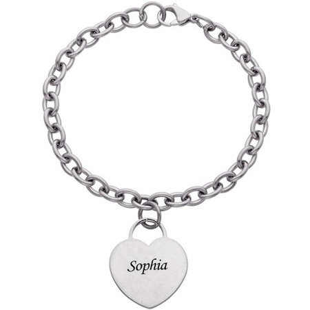 Personalized Engraved Name Stainless Steel Heart Charm Bracelet, 7.5"