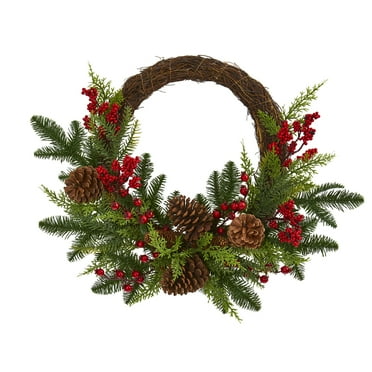 HomeStock 22In. Mixed Pine And Farmhouse Fresh With Berries And Pinecones Artificial Wreath
