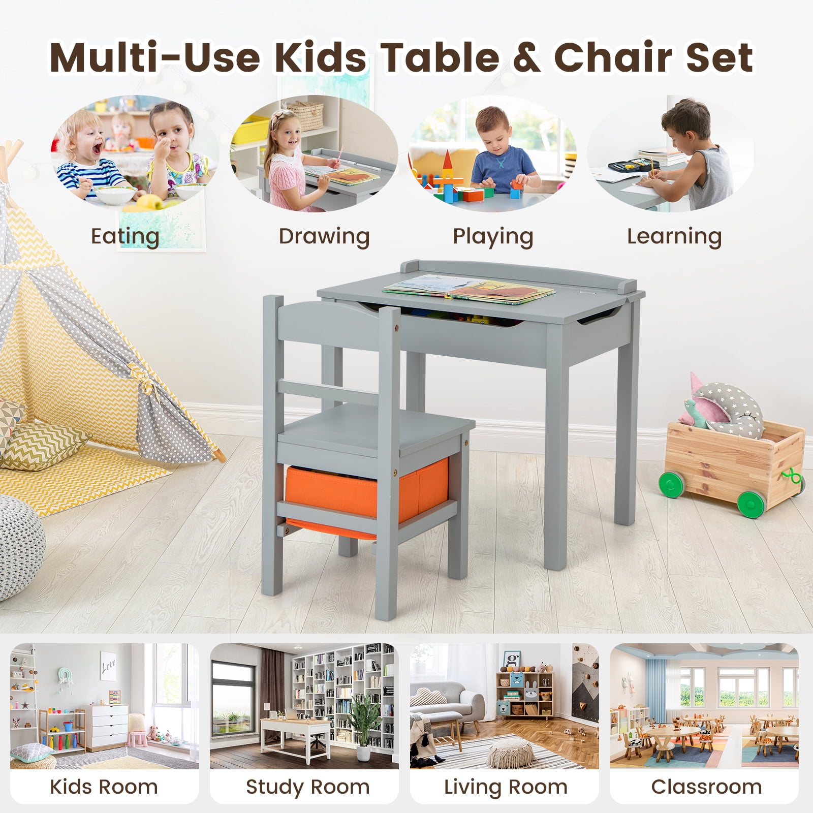 Gymax Kids Table and Chair Set Wood Activity Study Desk w/ Storage Drawer Hook Grey