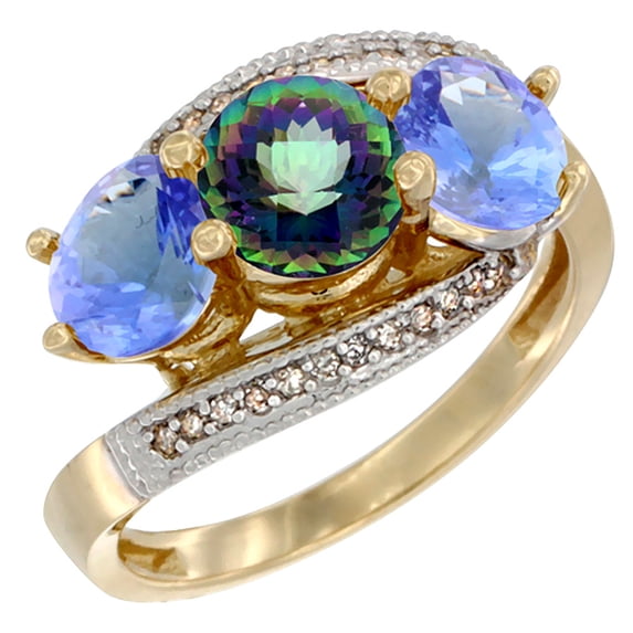 14K Yellow Gold Natural Mystic Topaz & Tanzanite Sides 3 stone Ring Round 6mm Diamond Accent, size 7