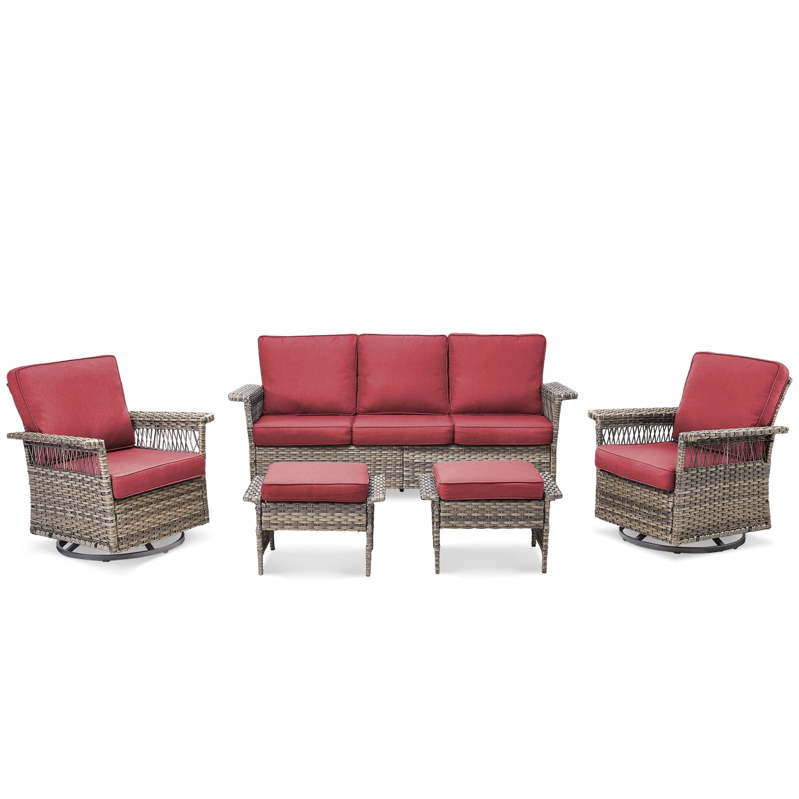 PPorfamilia 5 Piece Patio Sectional Furniture Set, All-Weather Rattan Outdoor Padded Conversation Sofa Sets with 2 Rocking Swivel Chairs for Backyard Poolside Deck, Red Cushions