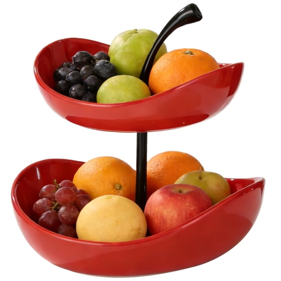 2-Tier Red Ceramic Fruit Bowl, Cherry Shape Dessert Stand, Modern Tiered Snack Plate for Coffee Table, Decorative Fruit Basket for Living Room, Elegant Christmas Party Pastry Tray Holder