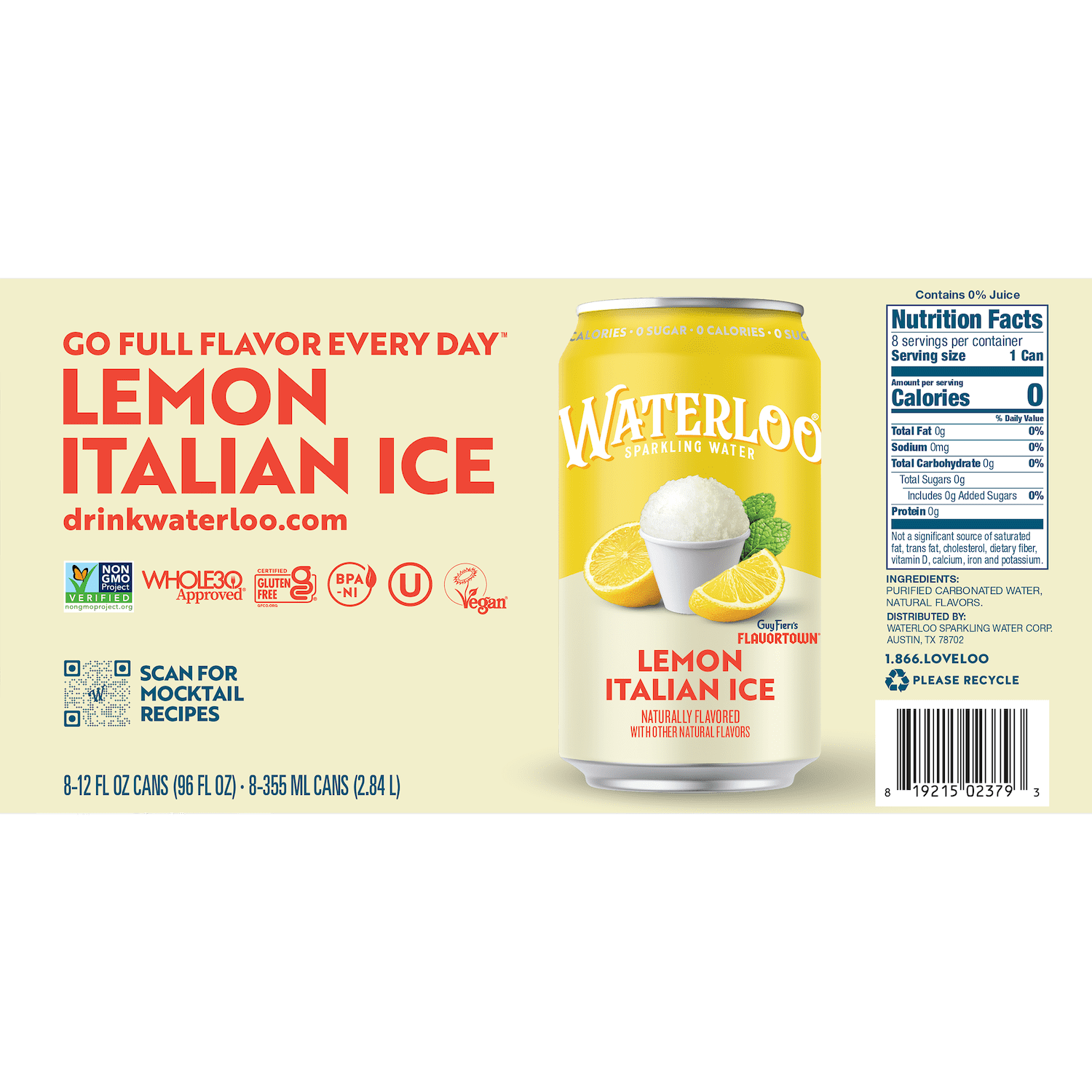 (3 pack) Waterloo Sparkling Water, Lemon Italian Ice, 12 fl oz, 8 pack cans