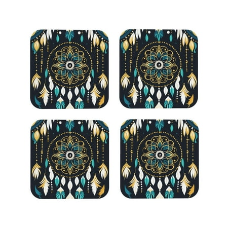 

Junzan Boho Dreamcatcher Print Coasters for Drinks - Leather Coasters Set of 4 for Coffee Table for Housewarming/Kitchen/Bar/Decor-Square