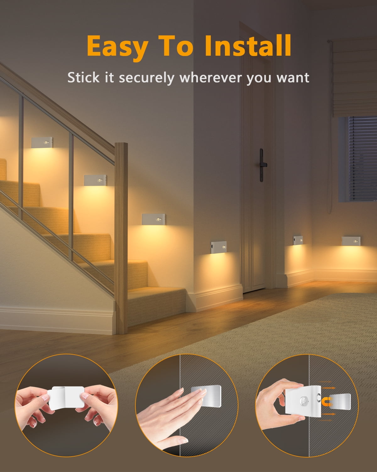 WILLED Rechargeable Motion Sensor Night Lights, Battery Operated Stair Lights Indoor, Soft Warm White Stick on Motion Activated LED Night Lights for Hallway Stairway Bathroom Bedroom Kitchen, 6 Pack