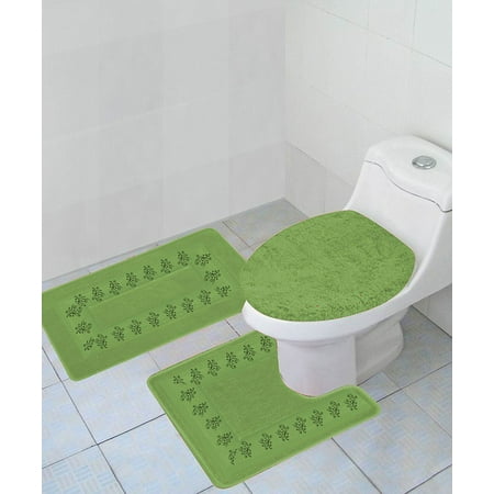 5 Light Bath - 3-PC (#5) SAGE GREEN Embroidery Design Bathroom Bath Mat Set Includes, 1 Contour Mat, 1 Lid Toilet Cover, 1 Bath Mat Ultra Absorbent with Anti-Slip Backings