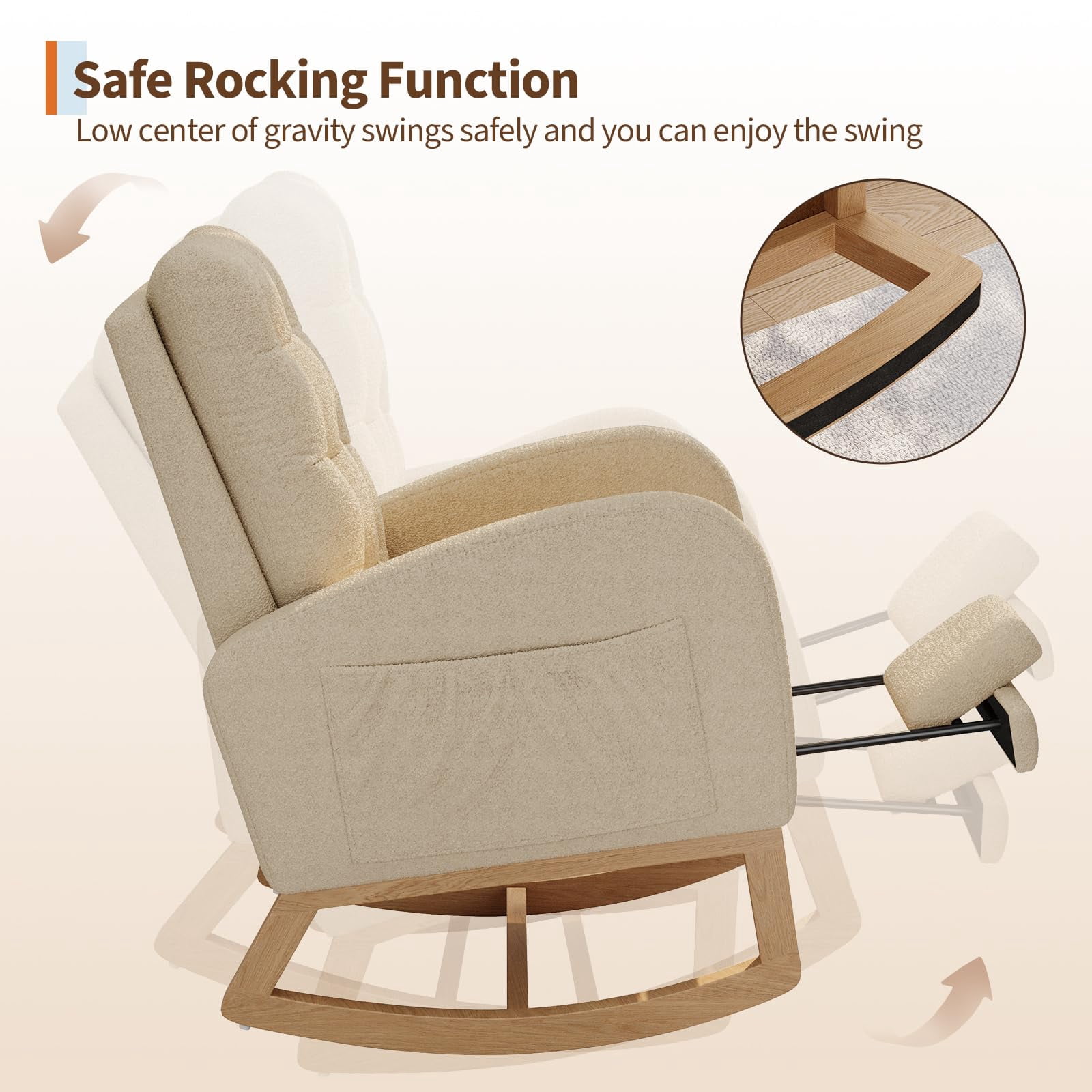 Ataujin Rocking Chair, Rocking Chair Nursery Teddy Upholstered Accent Chair, Comfortable Recliner Rocker with Side Pocket for Bedroom, Nursery, Lounge