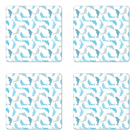 

Sea Animals Coaster Set of 4 Dolphin Fish Underwater Ocean Marine Natural Life Delphinoid Art Square Hardboard Gloss Coasters Standard Size White Blue Grey by Ambesonne