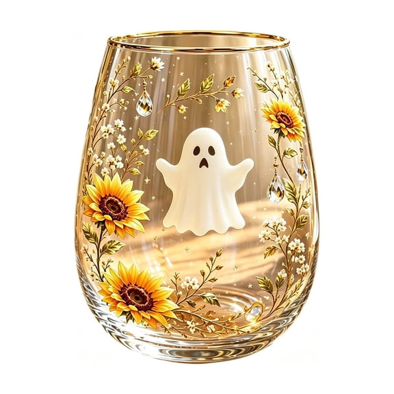 Halloween Glass Cups, Floral Ghost Wine Glass 14.2 oz – Decorative Whiskey Cups, Elegant Stemless Design for Cocktails, Whiskey & Festive Parties – Halloween Gift for Adults