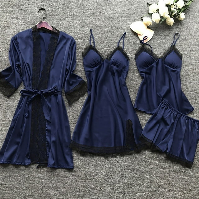Pijamas sexys para mujer, conjunto de cuatro piezas, pijamas con tirantes estilo coreano, ropa de casa para mujer con camisón con almohadilla para el pecho