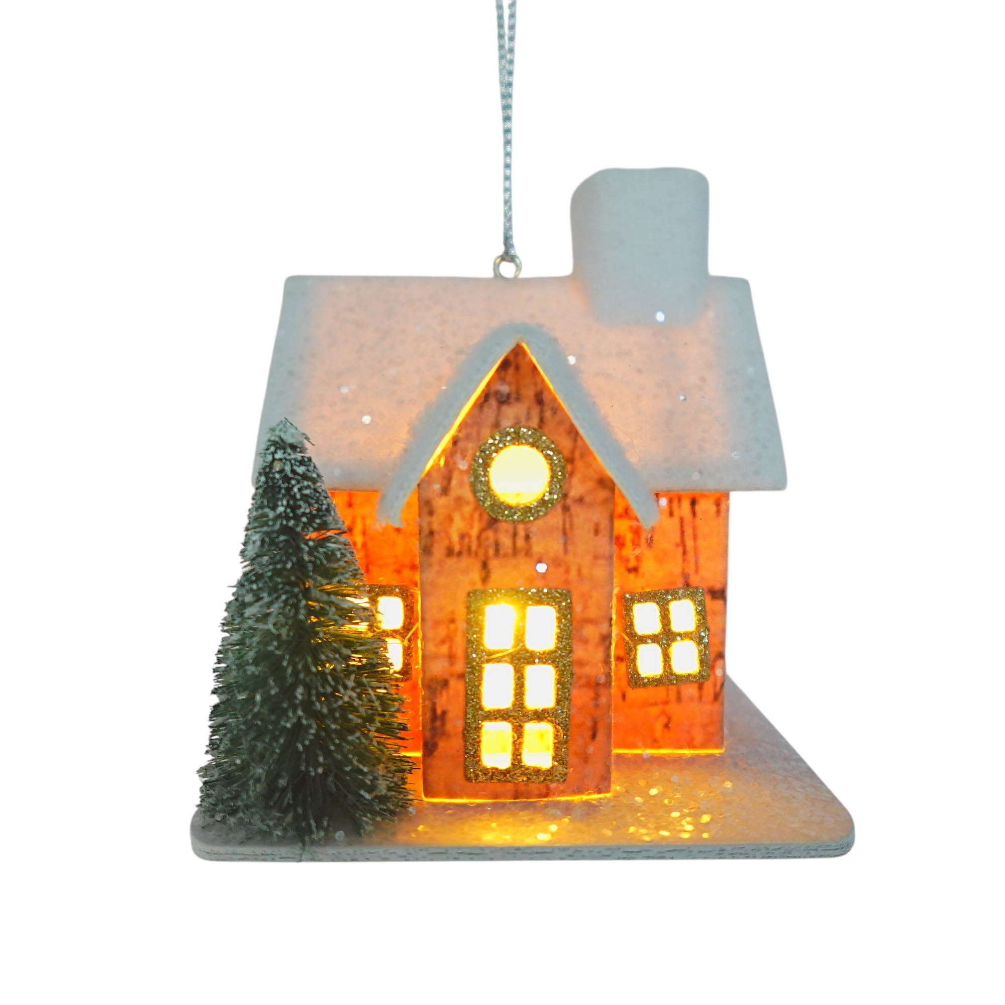 Holiday Time Ornement de maison brune avec arbre LED.