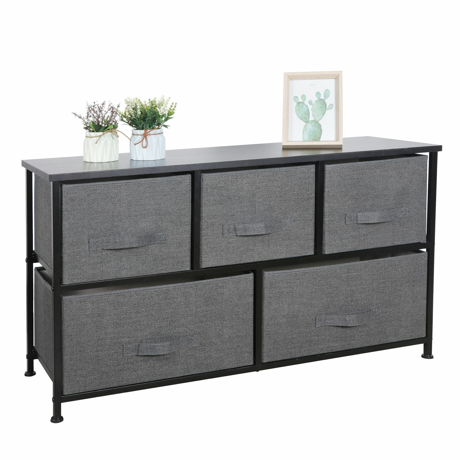 ZENY 5 Drawer Fabric Dresser Chests Wide Storage Tower Organizer Unit for Bedroom Livingroom Closet Hallway, Dark Grey