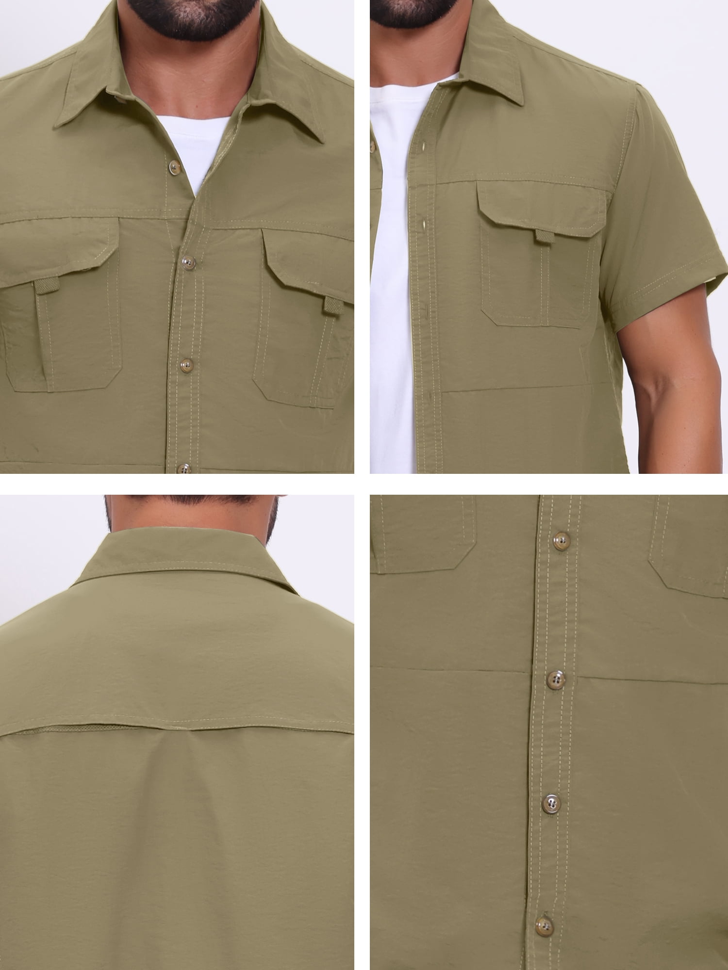 DARING DIVA Men's Solid Cargo Short Sleeve Button Down Utility Shirts M Khaki