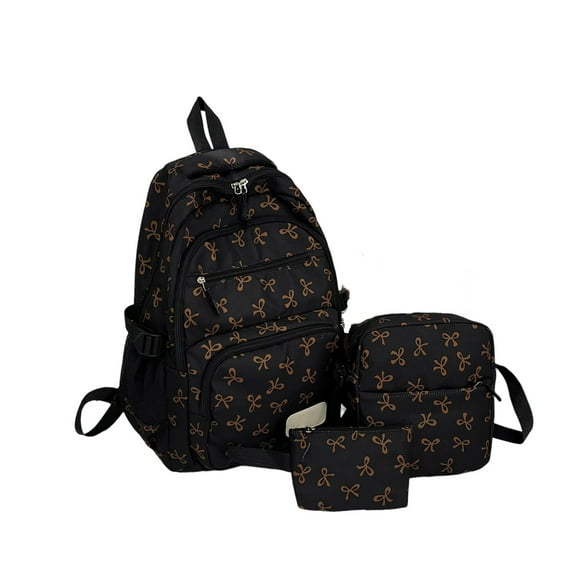 2025 Bow Backpack for Women Coquette Aesthetic Nylon Rucksack Cute Kawaii Backpack 3Pcs Set With Bow Pattern(Brown)