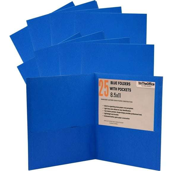 1InTheOffice Blue Folders with Pockets, Letter Size 2-Pocket Embossed Paper Pocket Folder, Light Blue, 8.5x11, (25/Box)
