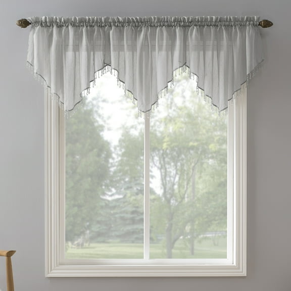 No. 918 Jillian Crushed Voile Ascot Beaded Sheer Rod Pocket Curtain Valance, 51"x24", Silver, Adult