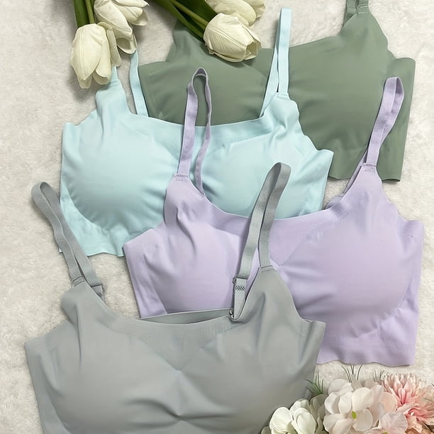 4pcs Seamless Solid Bralettes, Comfortable Adjustable Straps Wireless Intimates Bra, Women's Lingerie & Underwear