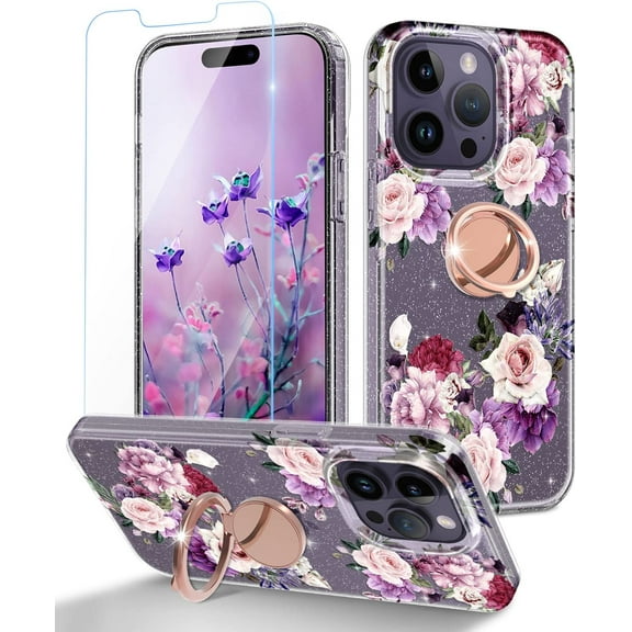 Casetego for iPhone 14 Pro Case with [2 Tempered Glass Screen Protector 360° Rotatable Ring Holder] Clear Floral Glitter Shockproof Kickstand Slim for Women Girls Phone Cover,Purple Flower